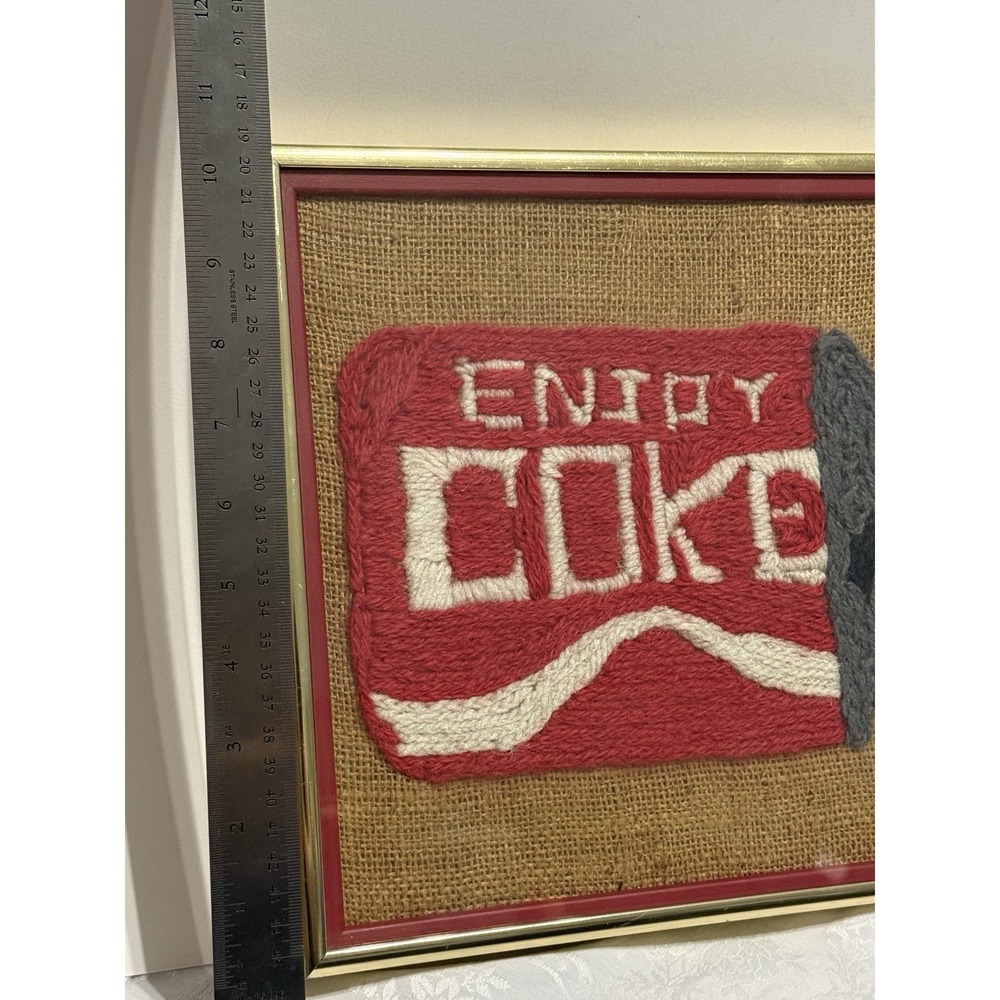 VTG Folk Art Original Enjoy Coca-Cola Framed Needlepoint Fiber On Burlap 11"x11" - Picture 6 of 9